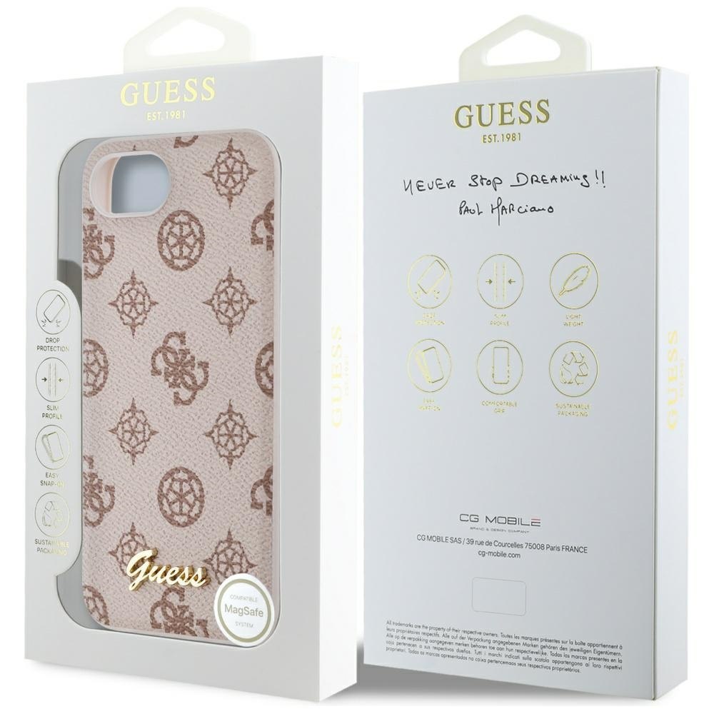 Etui Guess Peony Script Logo MagSafe do iPhone 16e brązowy